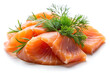 smoked salmon slices with dill on white