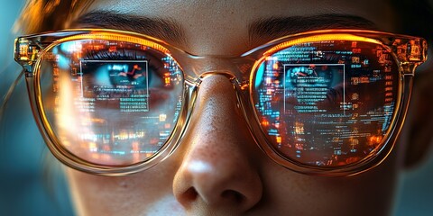 Poster - Reflections of digital data in sunglasses during a tech-focused evening