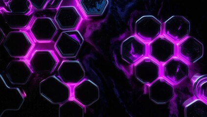 Fototapete - Hexagonal shapes pattern glow in neon purple on a deep black backdrop, creating an engaging and modern digital design. Futuristic banner for digital art, graphics or technology presentations.