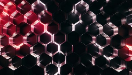 Fototapete - Abstract futuristic background with hexagons pattern, vibration effect, illuminated by dynamic lighting in shades of red and black. Modern banner for digital art, graphics or technology presentations