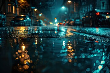 Rainy night on a city street with shining puddles and glowing streetlights illuminating the wet pavement