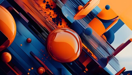 Poster - This abstract design showcases vibrant orange and blue spheres and geometric shapes, creating a dynamic visual experience. Perfect for modern art, technology, or creative projects.