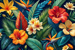 © jmdesigns608 - Vibrant Tropical Floral Design with Hibiscus and Bird-of-Paradise on Deep Navy or Emerald Background