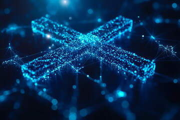 Wall Mural - A blue cross made up of dots and lines on a dark background