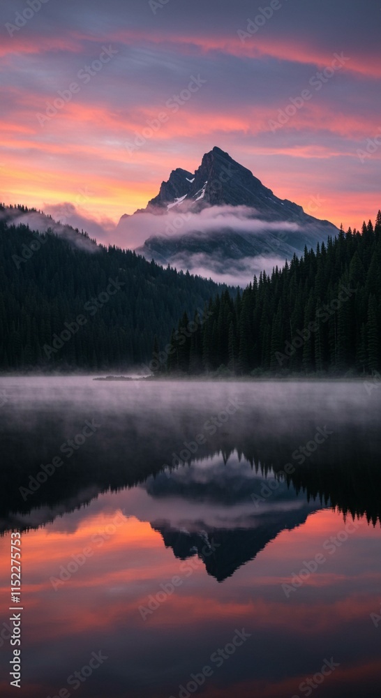 Wall art of Misty Mountain Sunrise with Pine Forests and Lake ...