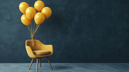 Poster - Minimalist studio scene with several yellow balloons tied to a sleek chair, creating a cheerful and lively vibe.