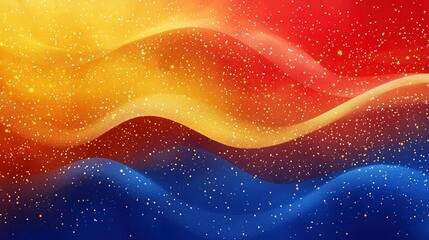 Colorful wave of gold, red and blue with a lot of sparkles. The colors are bright and the sparkles make it look like a starry night sky