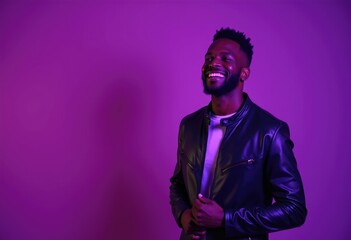 Wall Mural - A man with a beard wearing a leather jacket smiles and looks up.