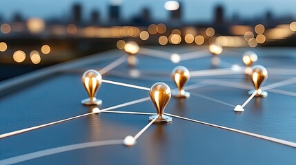 Fototapete - connected digital nodes create a vibrant network above a city skyline at night, showcasing a serene 