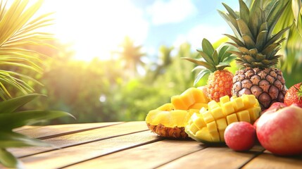 Sticker - Fresh Fruits Displayed on a Wooden Table in Nature