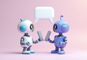 Poster - Two robots are having a conversation using smartphones.