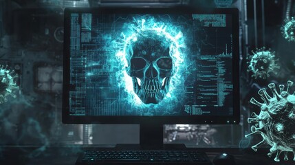 Poster - Cybersecurity breach alert skull graphic on computer monitor in digital lab dark environment futuristic concept