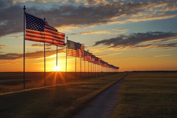 Wall Mural - a row of american flags at sunset.