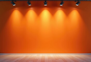 Poster - Five spotlights illuminate an empty orange wall with wooden floor.