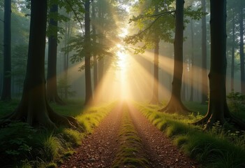 Aufkleber - Sunbeams pierce through misty forest  illuminating a path.
