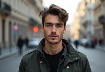 Wall Mural - A young man with dark hair and a beard stands in a city street.