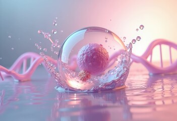 Poster - A pink cell inside a water droplet surrounded by DNA strands.
