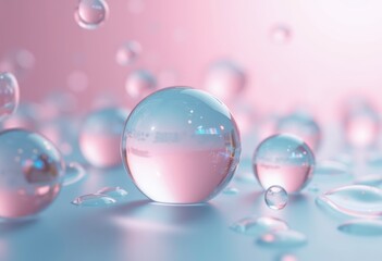 Poster - A collection of transparent glass spheres on a pastel blue and pink surface.