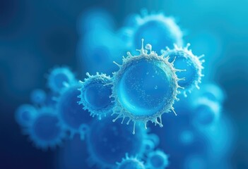 Poster - A microscopic image depicting blue  spiky viruses.