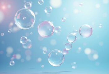 Poster - A cluster of transparent bubbles float against a soft blue and pink background.