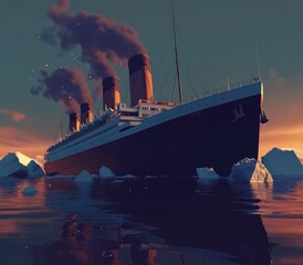 The Titanic sinking, with smoke coming from the funnels, icebergs floating around, and water splashing up and around the ship. 