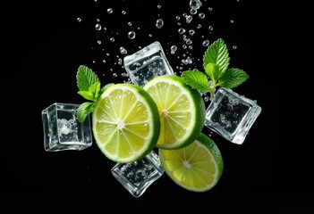 Poster - Lime slices  mint leaves  and ice cubes falling through water against a transparent background.