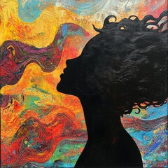 a silhouette of a person against a colorful swirling background