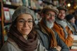 © S photographer - A warm and inviting scene of smiling friends enjoying a cozy moment in a bookshop, capturing connection and joy.