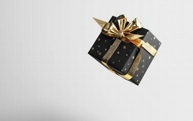 A luxurious black gift box with a golden bow floating gracefully on a sharp white background