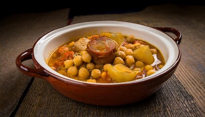 Poster - Traditional Spanish Chickpea Stew with Chorizo and Potatoes in a Rustic Clay Pot