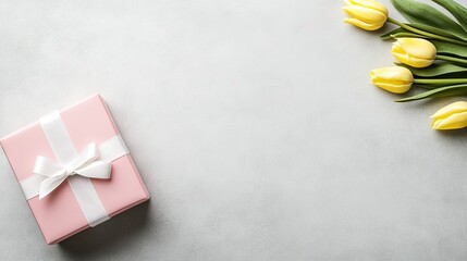 A beautifully wrapped pink gift box adorned with a white ribbon sits next to a bunch of fresh yellow tulips, creating an elegant display on a dark gray surface