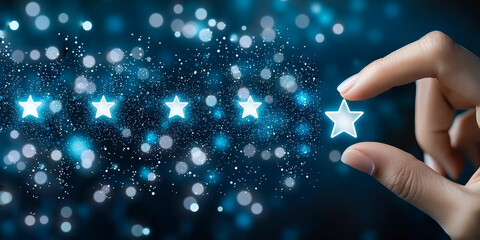 Poster - Hand placing glowing star in a dark, sparkling atmosphere to signify rating or achievement
