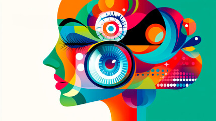 Aufkleber - Colorful abstract portrait showcasing a woman's profile with vibrant patterns and headphones on a minimalist background