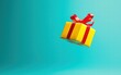 © Антон Федченко - A bright yellow present with a red ribbon levitating on a vivid turquoise background
