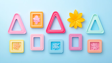Poster - Colorful geometric shapes and floral motifs arranged on a light blue background creating an artistic display of creativity