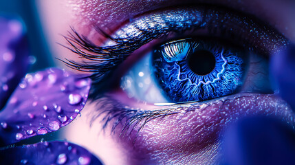 Poster - Close-up view of a vibrant blue eye surrounded by purple flowers with droplets of water glistening