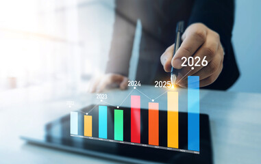 Leinwandbilder - New business plans,goals,revenue and visions in business for new year 2026.New opportunity, challenge and strategy in 2026. Increase chart arrow graph corporate business future growth new year 2026.	
