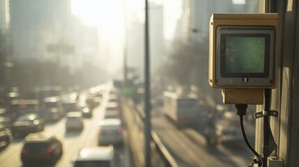 Poster - traffic monitoring device captures urban congestion in cityscape technology daylight elevated viewpo