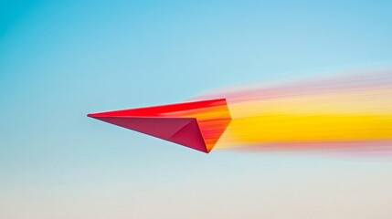 Poster - Dynamic paper airplane flight open sky digital art colorful environment aerial view creative concept for innovation