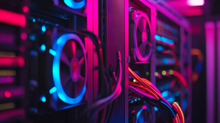 Poster - high-tech server room setup data center technology infrastructure neon lighting close-up view modern