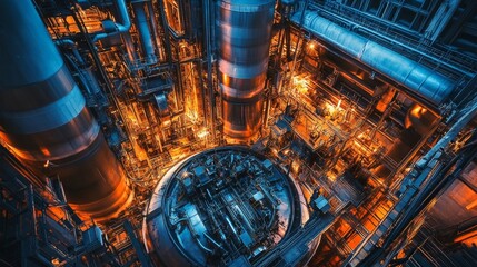 Poster - Industrial machinery operation manufacturing plant aerial view high-tech environment dynamic lighting and design