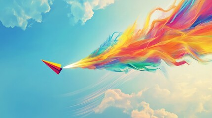 Poster - Colorful rainbow smoke trails from a paper cone sky digital art vibrant atmosphere aerial perspective creative expression