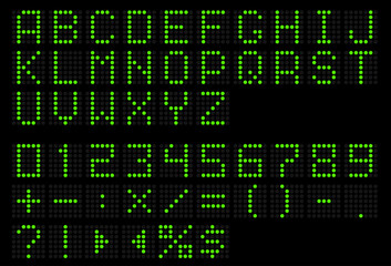 Poster - Led display green font. Dot digital alphabet. Electronic letters and numbers. Scoreboard ABC. Information board. Uppercase text icons and punctuation marks. Alphabetical symbols vector set