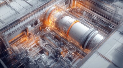Poster - industrial machinery operation high-tech facility digital render futuristic environment aerial view 