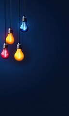 Wall Mural - Colorful Hanging Light Bulbs on Dark Background for Creative and Modern Design Use