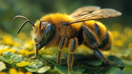 Poster - A close-up portrait of a honeybee, showcasing intricate details like its fuzzy body, delicate wings, and compound eyes.