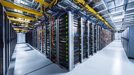 Poster - Data center operations modern facility infrastructure high-tech environment wide-angle view server management concepts