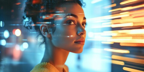 Aufkleber - a thoughtful woman stares into a futuristic world filled with vibrant colors and dynamic light trail