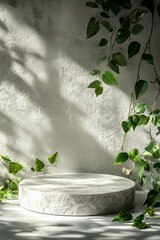 Poster - Elegant round stone pedestal with cascading green ivy leaves