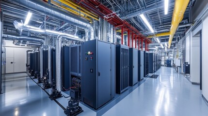 Poster - Modern data center infrastructure advanced technology facility industrial space high-tech environment wide-angle perspective